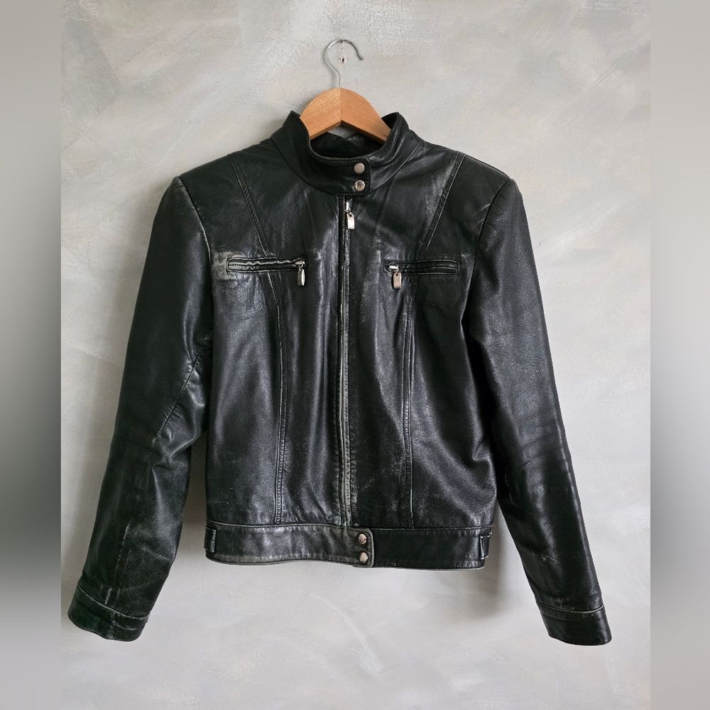 Hugo Buscati Leather Jacket Moto Distressed Buckle Hip Biker S Heavy Patina